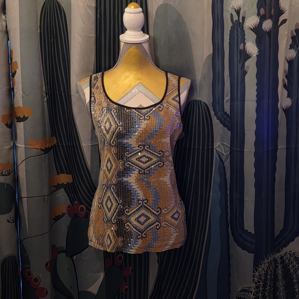 Chico's Blue and Tan Geometric Sleeveless Top